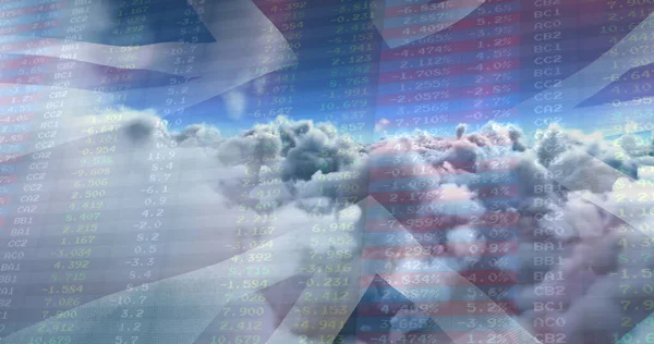 Afbeelding Van Gegevensverwerking Wolken Vlag Van Mondiaal Bedrijfs Financiële Connectie — Stockfoto