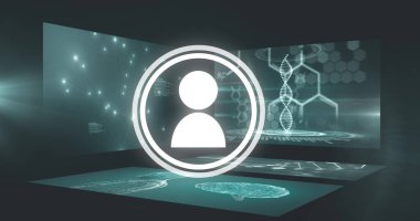 Siyah arkaplanda ortam simgesi ve veri işleme resmi. küresel teknoloji ve dijital arayüz kavramı dijital olarak oluşturulmuş görüntü.