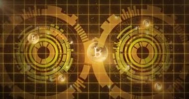 Tarama kapsamı üzerinde bitcoin sembollerinin animasyonu. küresel kripto para birimi, veri işleme, teknoloji ve dijital arayüz kavramı dijital olarak oluşturulmuş video.