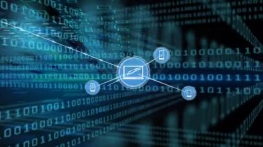 Mavi ikili kodlu siyah arkaplan üzerindeki simgelerle bağlantı ağının animasyonu. küresel bağlantılar, ağ, veri işleme ve teknoloji konsepti dijital olarak oluşturulmuş video.