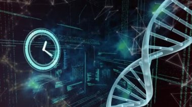 Siyah arkaplan üzerinde hareket eden saat ve DNA 'nın animasyonu takımyıldızları ve bilgisayar kodlarıyla. zaman, bağlantılar, bilim ve teknoloji konsepti dijital olarak oluşturulmuş video.