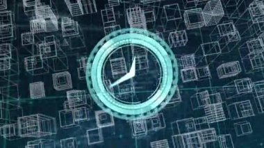Meta-evren şehri üzerinde hareket eden saatin animasyonu. bina tasarımı, mimari, zaman ve teknoloji konsepti dijital olarak oluşturulmuş video.
