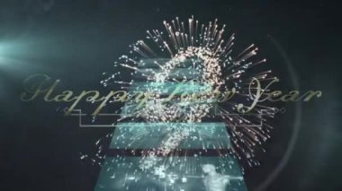 Havai fişeklerle ve çeşitli bilimsel verilerle dolu ekranlarla geçen mutlu bir yeni yılın animasyonu. Yeni yıl, bilim, teknoloji, kutlama ve dijital arayüz kavramı dijital olarak oluşturulmuş video.