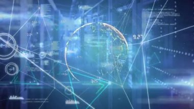 Bağlantılar ve veri işleme ağı üzerinden dünyanın animasyonu. küresel teknoloji, veri işleme ve dijital arayüz kavramı dijital olarak oluşturulmuş video.