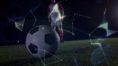 Erkek futbolcunun bacaklarının üzerinde dönen dünyanın animasyonu. global spor, bağlantılar ve teknoloji konsepti dijital olarak oluşturulmuş video.