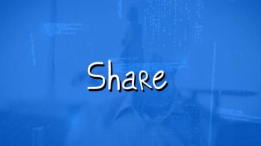 Mavi arkaplandaki veri işleme üzerinden paylaşımlı metnin canlandırması. Sosyal medya ve iletişim arayüzü kavramı dijital olarak oluşturulmuş video.