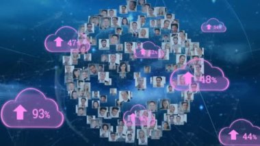 Çeşitli insanlarla dönüşümlü fotoğraflar yükleyen bulutların animasyonu. küresel ağ, bağlantılar, bulut hesaplama ve teknoloji konsepti dijital olarak oluşturulmuş video.