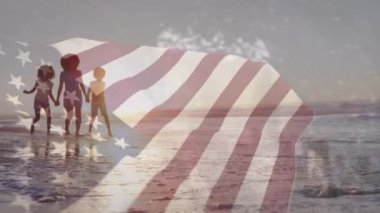 Sahildeki Afro-Amerikan ailesinin bayrağının canlandırılması. Vatanseverlik ve kutlama konsepti dijital olarak oluşturulmuş video.