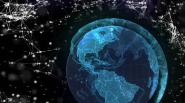 Bağlantılar ve veri işleme ağı üzerinden dünyanın animasyonu. küresel teknoloji, veri işleme ve dijital arayüz kavramı dijital olarak oluşturulmuş video.