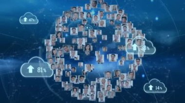 Çeşitli insanların resimlerini yükleyen ve döndüren bulutların animasyonu. küresel ağ, bağlantılar, bulut hesaplama ve teknoloji konsepti dijital olarak oluşturulmuş video.