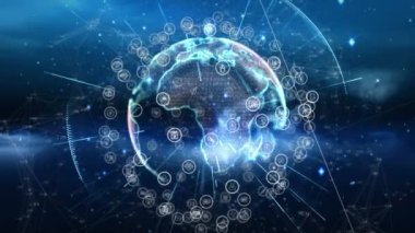 Dünya üzerindeki simgelerle bağlantı ağının animasyonu. küresel bağlantılar, dijital arayüz ve ağ konsepti dijital olarak oluşturulmuş video.