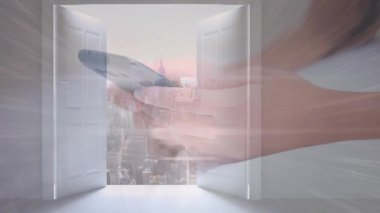 Kafkasyalı iş kadınının akıllı telefon kullanarak şehir manzarasının animasyonu. küresel iş, finans, bağlantılar ve dijital arayüz konsepti dijital olarak oluşturulmuş video.