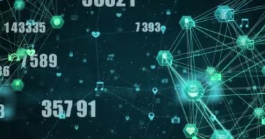 Simgeler ve sayılar ile bağlantı ağları dünyasının animasyonu. küresel bağlantılar, ağlar ve veri işleme konsepti dijital olarak oluşturulmuş video.