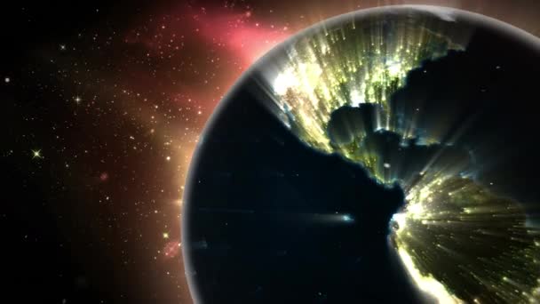 在黑色背景的恒星上的地球动画 全球技术 数据处理和数字视讯接口概念 — 图库视频影像