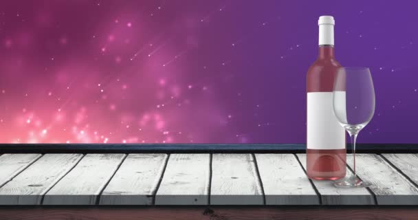 Анимация Бутылки Розового Вина Над Огнями Фиолетовом Фоне Деревянной Поверхностью — стоковое видео