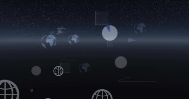 Animering Statistik Och Databehandling Med Glober Globalt Dator Och Digitalt — Stockvideo