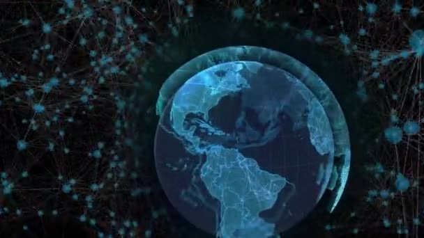接続のネットワーク上の地球のアニメーション 世界規模の技術 データ処理 デジタルインターフェースの概念がデジタルで生成されたビデオ — ストック動画