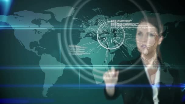 Animáció Földgömb Hálózat Kapcsolatok Emberek Ikonok Felett Kaukázusi Üzletasszony Globális — Stock videók
