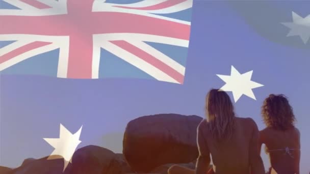 Animação Bandeira Austrália Sobre Diversos Grupos Amigos Praia Conceito Patriotismo — Vídeo de Stock