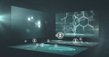 Siyah arkaplanda medya simgeleri ve veri işleme resimleri. küresel teknoloji ve dijital arayüz kavramı dijital olarak oluşturulmuş görüntü.