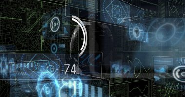 Siyah arka planda dairelerin ve veri işlemenin resmi. küresel teknoloji ve dijital arayüz kavramı dijital olarak oluşturulmuş görüntü.