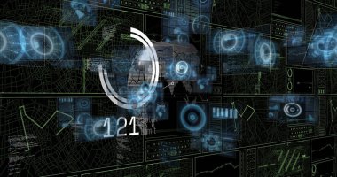 Siyah arka planda dairelerin ve veri işlemenin resmi. küresel teknoloji ve dijital arayüz kavramı dijital olarak oluşturulmuş görüntü.