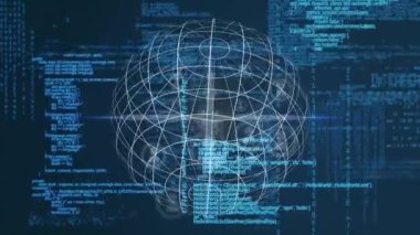 Donanma arkaplanındaki simgelerin üzerinde dönen küre ve veri işleme animasyonları. küresel teknoloji, veri işleme, bağlantılar ve dijital arayüz konsepti dijital olarak oluşturulmuş video.