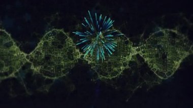 Havai fişek animasyonu ve siyah arkaplanda hareket eden sarı dalgalar. Yeni yıl, parti, kutlama ve dijital arayüz konsepti dijital olarak oluşturulmuş video.