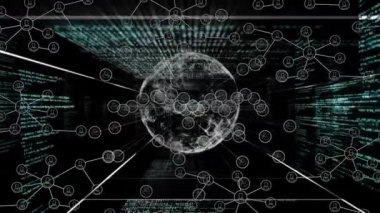 Veri işleme ve küre üzerinde insanlarla bağlantı ikonlarının animasyonu. küresel ağ, hesaplama, veri işleme ve dijital arayüz kavramı dijital olarak oluşturuldu.