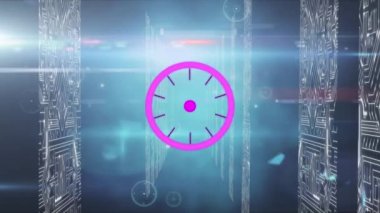 Mavi arkaplandaki veri işleme ve şekillerin canlandırılması. küresel teknoloji ve dijital arayüz kavramı dijital olarak oluşturulmuş video.