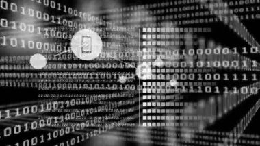 İkili kodlu siyah arkaplan üzerindeki simgelerle bağlantı ağının animasyonu. küresel bağlantılar, ağ, veri işleme ve teknoloji konsepti dijital olarak oluşturulmuş video.