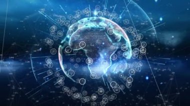 Mavi arkaplan üzerindeki simgelerle küresel ve bağlantı ağının animasyonu. küresel bağlantılar, iş ve veri işleme kavramı dijital olarak oluşturulmuş video.