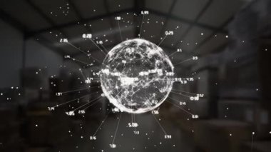 Depodaki numaraların ve dünya ve bağlantı ağının animasyonu. küresel bağlantılar, nakliyat, lojistik, iş ve veri işleme kavramı dijital olarak oluşturulmuş video.