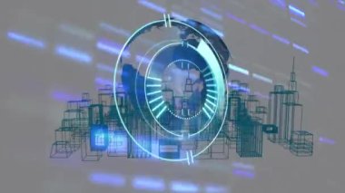 Meta-evren şehir üzerindeki işleme çemberinin animasyonu ve siyah arka plandaki mavi ışıklar. Bina tasarımı, mimari ve teknoloji konsepti dijital olarak oluşturulmuş video.