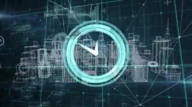 Veri işleme ve metaevren şehri üzerinde hareket eden saatin animasyonu. bina tasarımı, mimari, zaman ve teknoloji konsepti dijital olarak oluşturulmuş video.