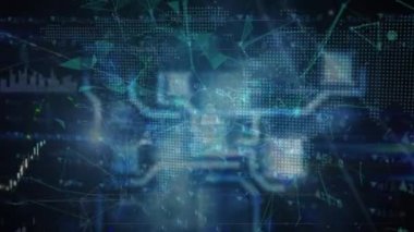 Finansal verilerin, simgelerin ve entegre devrelerin animasyonu. küresel finans, ekonomi, teknoloji ve dijital arayüz kavramı dijital olarak oluşturulmuş video.