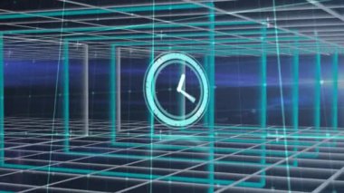 Mavi uzayda kare şeklinde hareket eden saatin animasyonu. zaman, teknoloji ve dijital arayüz kavramı dijital olarak oluşturulmuş video.