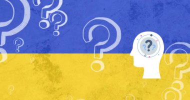 Ukrayna bayrağı üzerinde yüzen kafa silueti ve soru işaretlerinin animasyonu. Ukrayna krizi ve uluslararası politika kavramı dijital olarak oluşturuldu.