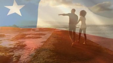 Sahildeki Afro-Amerikan çifti yerine Şili bayrağının animasyonu. Vatanseverlik ve kutlama konsepti dijital olarak oluşturulmuş video.