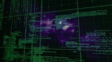 Şebeke ve mor karelerin üzerinde veri işleme animasyonu. küresel veri işleme, iş ve dijital arayüz kavramı dijital olarak oluşturulmuş video.