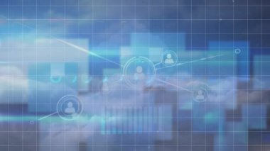 Çeşitli verilerle mavi ekran üzerindeki simgelerle bağlantı ağının animasyonu. küresel finans, ekonomi, teknoloji ve dijital arayüz kavramı dijital olarak oluşturulmuş video.