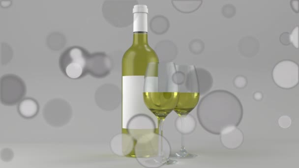 Animación Bokeh Sobre Botella Vino Blanco Copas Sobre Fondo Gris — Vídeo de stock