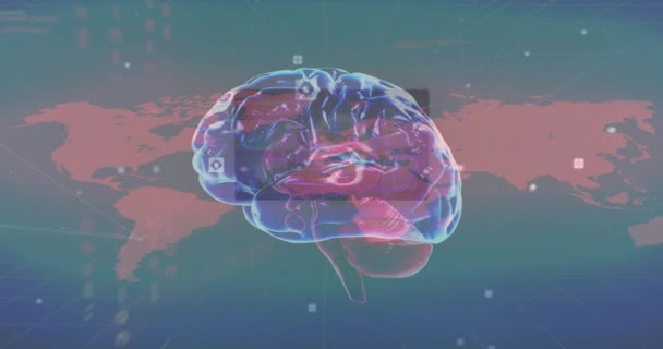 Анімація Людського Мозку Обробка Даних Карті Світу Глобальна Наука Бізнес — стокове відео