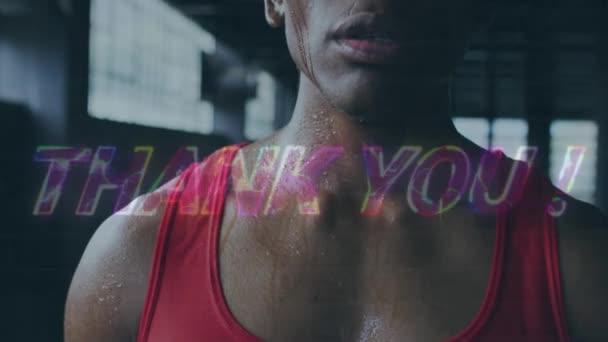 Animation Thank You Text African American Sportsman Στο Γυμναστήριο Παγκόσμιος — Αρχείο Βίντεο