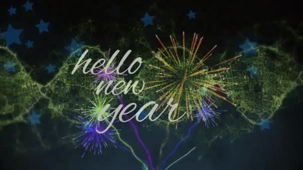 Animación Hola Año Nuevo Sobre Fuegos Artificiales Ondas Amarillas Movimiento — Vídeos de Stock