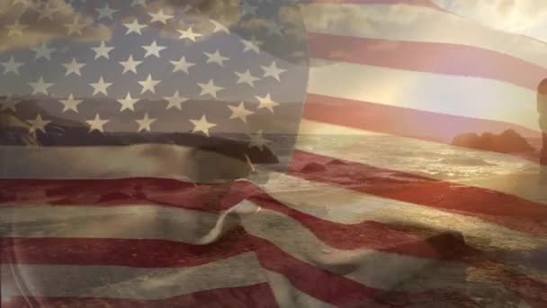 Animation Flag Usa African American Couple Beach Patriotism Celebration Concept — Stock Video