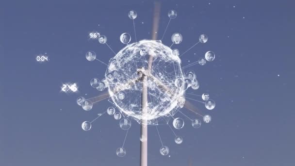 在风力涡轮机上使用连接网络和数据处理来实现地球仪的动画化 全球商业和数字接口概念数字生成视频 — 图库视频影像