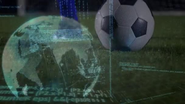 Animação Globo Rotativo Processamento Dados Sobre Pernas Jogador Futebol Masculino — Vídeo de Stock