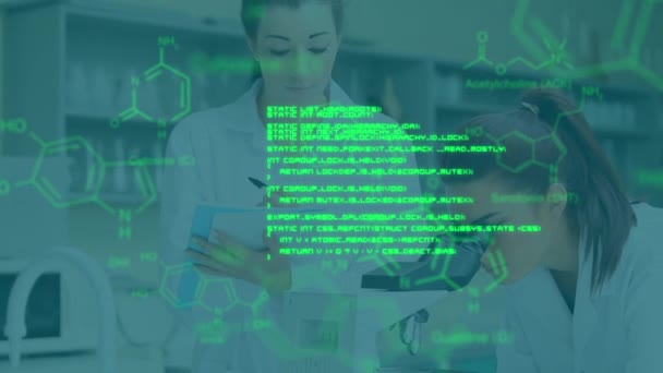 Animación Del Procesamiento Datos Científicos Sobre Trabajadoras Laboratorio Caucásicas Ciencia — Vídeo de stock