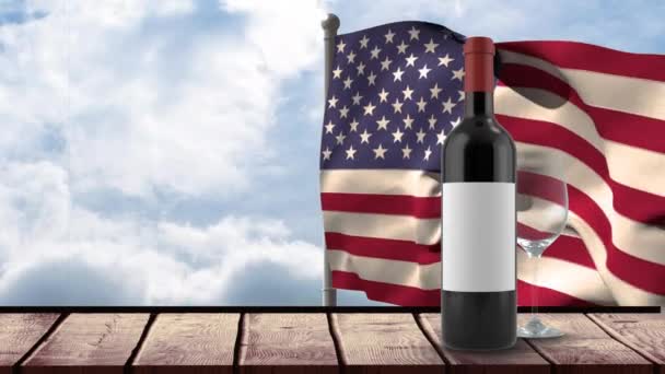 Κινούμενα Σχέδια Μπουκάλι Κόκκινο Κρασί Γυαλί Και Σημαία Των Ηπα — Αρχείο Βίντεο